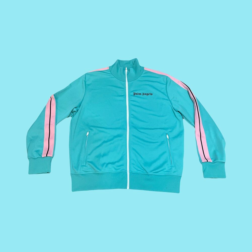 Palm Angels LARGE Tiffany Teal and Pink Stripe Long Sleeve Full Zip Jacket